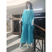 Bohem Stil İtalyan Yarasa Kol İpek Bluz & Pantolon Takım-8767 Turkuaz