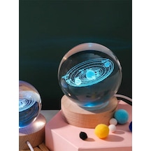 Ledli Usb'li Ahşap Standlı Güneş Sistemi Küre Temalı Kristal Renkli Rgb 3d Oda Masa Ve Gece Lambası Ahşap