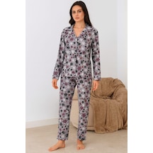 Pemilo Kadın 02269 Önü Düğmeli Süet Pijama Takımı Gri Gri