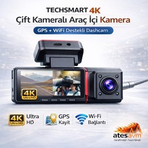 Techsmart 4k Çift Kameralı Araç İçi Kamera Gps Wifi Gece Görüşlü Dashcam