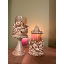 Kuşlu Ayaklı Ve Kapaklı Dekoratif Cam Mumluk & Şekerlik Seti Krem Altın Varak Eskitme 2'li Şamdan & Kavanoz 27x12 Cm & 23x12 Cm Çok Renkli