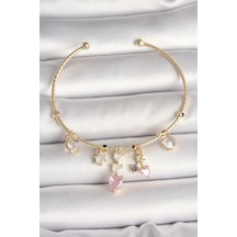 Pirinç Gold Renk Sallantı Zirkon Taşlı Kalp Figür Pembe Kalp Detay Charm Kadın Bileklik - Tj-bb6897 Altın - Çok Renkli