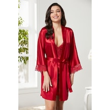 Pierre Cardin 4280 Kadın Saten Dantelli Gecelik Sabahlık Takım-bordo Bordo