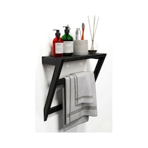 Matkap Gerektirmeyen Ahşap Banyo Rafı Ve Havluluk - 50x40 Cm - Yapışkanlı Duvar Rafı Siyah