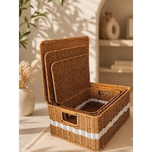 3'lü Kapaklı Hasır Rattan Organizer Beyaz Çizgili Sepet Fth-905 Sarı