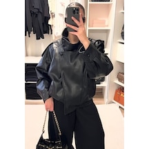 Meecy Viral Oversize Kadın Deri Ceket Yüksek Yaka Siyah Urban Style Kadın Deri Ceket Siyah Siyah