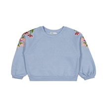 Civil Girls Omuzu Çiçek Nakışlı 6-9 Yaş Sweatshirt Mavi