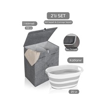 2bölmeli Çamaşır Sepeti Çok Amaçlı Saklama Hurç Gri 53x33x60cm-25lt Katlanır Çamaşır Selesi 2'li Set Gri