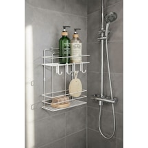 Lüks Beyaz Metal 2 Katlı Banyo Rafı Şampuanlık Ve Duş Rafı Askılı Yapışkanlı Duvara Monte Tş-02 beyaz