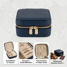 Takı Kutusu Düzenleyici Seyahat Çantası Kolye Yüzük Küpe Organizer Deri Lacivert 10x10 Mavi