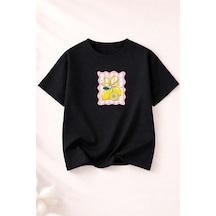 Herkesemoda Limon Baskı Detaylı Bisiklet Yaka Pamuklu Basic T-shirt Siyah