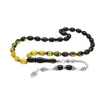 Tesbihname 925 Ayar Gümüş Püsküllü Arpa Kesim Süzme Sarı Siyah Ateş Kehribar Tesbih