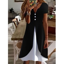 Kadın Kısa Kollu V Yakalı Önden Düğmeli Çift Renkli Viskon Elbise Siyah