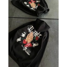 Üç İplik Penye Uzun Kol Kapşonlu Baskılı Sweatshirt - Siyah Siyah