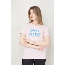 Kadın Pembe Save The Oceans Baskılı V Yaka T-shirt