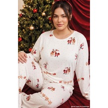 Siyah İnci Ekru Yılbaşı Temalı Termal Kumaşlı Ultra Soft Yumuşak Büyük Beden Battal Boy Örme Pijama Takımı 26226729
