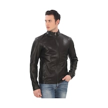Ersefa Erkek Hakiki Kuzu Derisi Ceket Slim Fit Siyah Fermuarlı Deri Mont