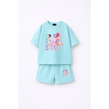 Fasardi Kpop Demon Hunters Huntrix Zoey Rumi Mira Baskılı Oversize %100 Pamuk Tişört Şort Çocuk Takım Bebek Mavi