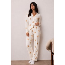 Fit Women Kadın Uzun Kollu Düğmeli Alt Üst Uyku Beyaz Pijama Takımı