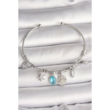 Pirinç Gümüş Renk Sallantı Pusula Figür Kalp Detay Charm Kadın Bileklik - Tj-bb6902 Gümüş