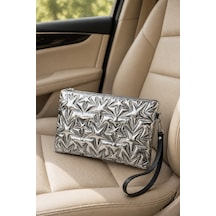 Adelina Bags Yıldız Nakış İşlemeli Portföy El Çantası Bilek Askılı Saten Astarlı Gümüş Clutch Çanta Gri