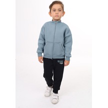 Toontoy Kids Toontoy Erkek Çocuk 2'li Takım Baskılı Dik Yaka Fermuarlı Cepli Sweatshirt & Beli Paçası Lastikli Cepli Jogger Eşofman Altı - Renk Bloklu & 3 İplik Şardonlu Mint