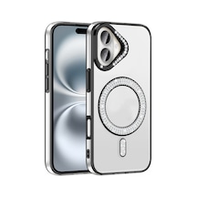 Apple Uyumlu iPhone 16 Kılıf Pırlanta Taş Tasarımlı M-safe Şarj Özellikli Karetta Silikon Kapak Siyah