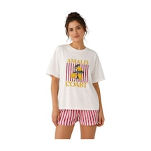 Kadın Limon Baskılı Çizgili Şortlu Pijama Takım Beyaz