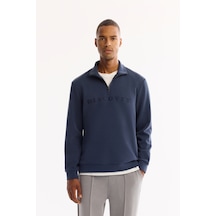 Avva Erkek Açık Lacivert Dik Yaka Fermuarlı Soft Touch Baskılı Regular Fit Sweatshirt A52y1281