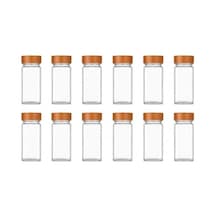 Bambu Kapaklı Cam Baharatlık Seti 12 Adet, Şeffaf Kare Baharat Kavanozu, Plastik Delikli İç Kapaklı Kontrollü Döküm Sistemi, 11x4x4 Cm Mutfak Düzenleyici Baharat Saklama Kabı Seti Diğer