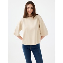 Loose Long Crop Kadın Tshirt K.kol Bej