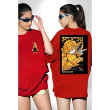 Zenitsu Agatsuma Anime Kırmızı Oversize Unisex Ön Ve Sırt Baskılı Tişört Kırmızı