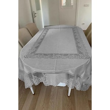 Desenli Dertsiz Leke Tutmaz Dantelli Masa Örtüsü, Çini Desen Masa Örtüsü - Gri Diğer