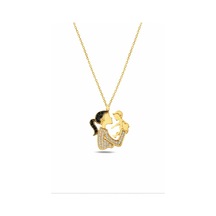 Çekirdekjewelry Anne Ve Çocuk Siluet Kolye Sarı Renk Zirkon Taşlı Zarif Tasarım Sarı