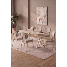 Hooli 90x168 Traverten Mdf Masa, Metal X Ayak, Metal Sandalye, 6 Kişilik Mutfak Masası Takımı Ve Yemek Masası Takımı Krem