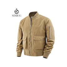 Çok Cepli, Bol, Günlük, Dik Yaka Ceket Haki