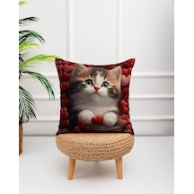 Kedi Fotoğraflı Kalp Desenli Dijital Baskılı Dekoratif Kırlent Yastık Kılıfı Genel