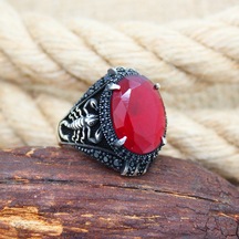 Akrep Tasarım Kırmızı Taşlı 925 Ayar Gümüş Erkek Yüzük Gümüş