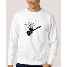 Gitar Notalar Baskılı Beyaz Erkek Örme Sweatshirt