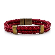 Solfera Bronz Manyetik Klips Çift Sıra Bordo Örgü Deri Erkek Bileklik M038D Çok Renkli