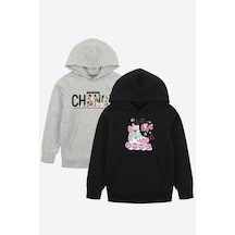 Fyk Kids Unisex Kapüşonlu Kanguru Cepli 2 İplik Sweatshirt Gri - Siyah