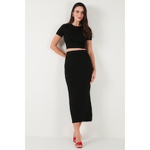 Lela Slim Fit Yırtmaç Detaylı Uzun Etekli Crop Bayan Takım 5866148 Siyah