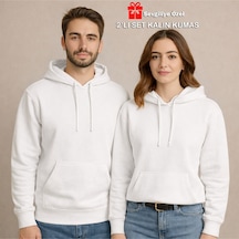 Nevermind Sevgili Çift Kombin Hoodie Geyik Baskılı Oversize Kapüşonlu Sweat Beyaz