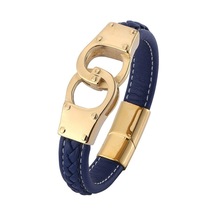 Punk Erkek Mavi Deri Bileklik Paslanmaz Çelik Charm Kelepçe Altın Rengi Moda Takı Bileklik Bb0743 Mavi