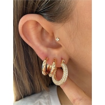 Pinery Jewels Sıralı Halka Zirkon Taşlı 3'lü Altın Kaplama Kadın Küpe Seti Altın