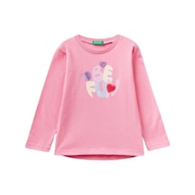United Colors Of Benetton Kız Çocuk Pembe Önü Parlak Ve Çok Renkli Grafik Baskılı Uzun Kollu Tişört