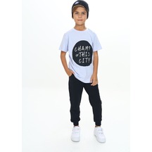 Toontoy Kids Toontoy Erkek Çocuk 2'li Takım Baskılı Bisiklet Yaka Kısa Kollu T-shirt & Beli Paçası Lastikli Cepli Jogger Eşofman Altı - Renk Bloklu & 2 İplik Açık Lila