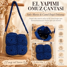 Saks Mavi Doğal Rafya İp Ve Camel Kağıt İp Omuz Çantası Saks Mavi - Camel