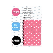 Kareli A4 80 Yaprak Plastik Kapak Spiralli Puantiye Desen Perforeli Yuvarlak Köşe Beyaz Sayfa Pembe