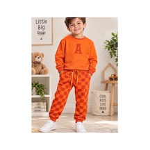 Uğur Bebe 3 İplik Şardonsuz Unisex Çocuk Turuncu Ekose Eşofman Takımı Sweatshirt, Rahat Kesim Jogger Alt, Şık Günlük Spor Kombin Turuncu Turuncu